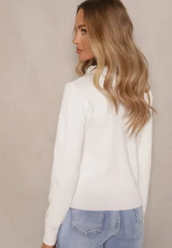 Biały Sweter z Wiskozą z Ozdobnym Kołnierzykiem Avlinda