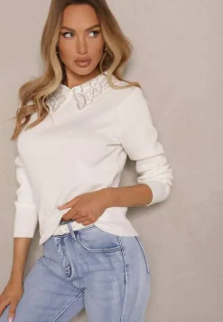 Biały Sweter z Wiskozą z Ozdobnym Kołnierzykiem Avlinda