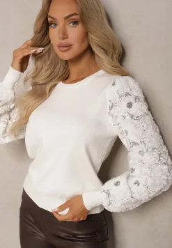 Biały Sweter z Wiskozą z Ozdobnymi Rękawami z Koronki z Cekinami Tilitana