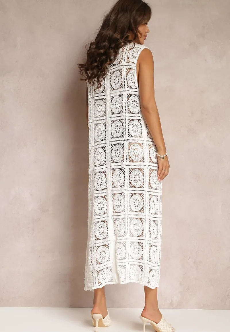 Biały Szydełkowy Kardigan Narzutka bez Rękawów z Bawełny Simra