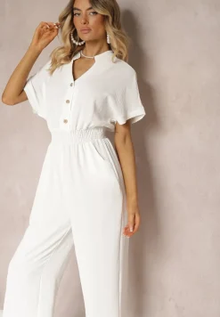 Biały Taliowany Kombinezon z Wiskozy Zapinany na Guziki Frisea
