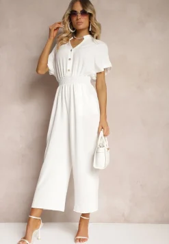 Biały Taliowany Kombinezon z Wiskozy Zapinany na Guziki Frisea