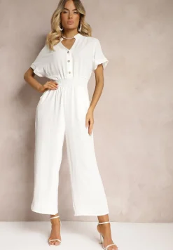 Biały Taliowany Kombinezon z Wiskozy Zapinany na Guziki Frisea