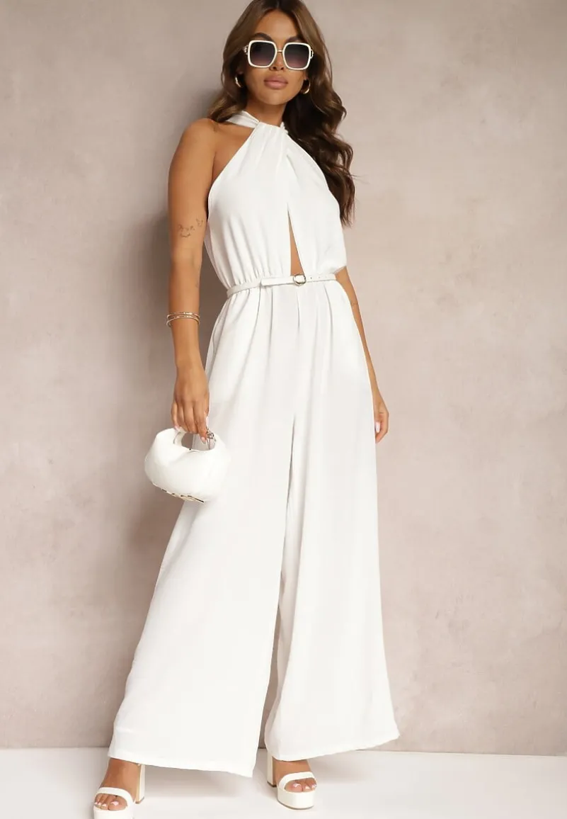 Biały Taliowany Kombinezon ze Ściągaczem w Talii i Wiązaniem przy Szyi Rivasiris