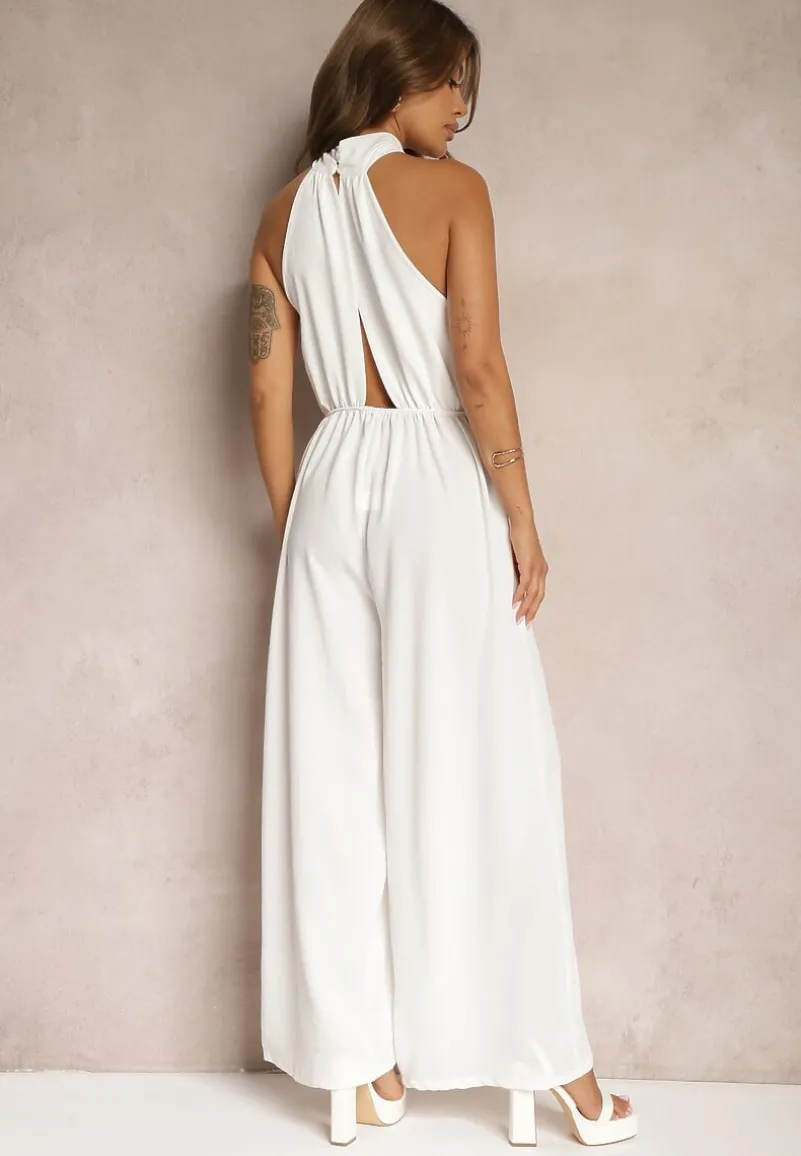 Biały Taliowany Kombinezon ze Ściągaczem w Talii i Wiązaniem przy Szyi Rivasiris