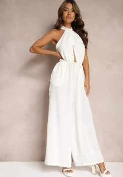 Biały Taliowany Kombinezon ze Ściągaczem w Talii i Wiązaniem przy Szyi Rivasiris