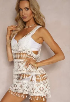 Biały Top Narzutka z Bawełny z Ażurowym Wzorem Dimzira