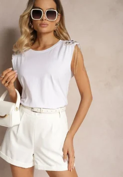 Biały Top z Łańcuszkami i Kryształkami na Usztywnionych Ramionach Liefara