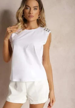 Biały Top z Łańcuszkami i Kryształkami na Usztywnionych Ramionach Liefara