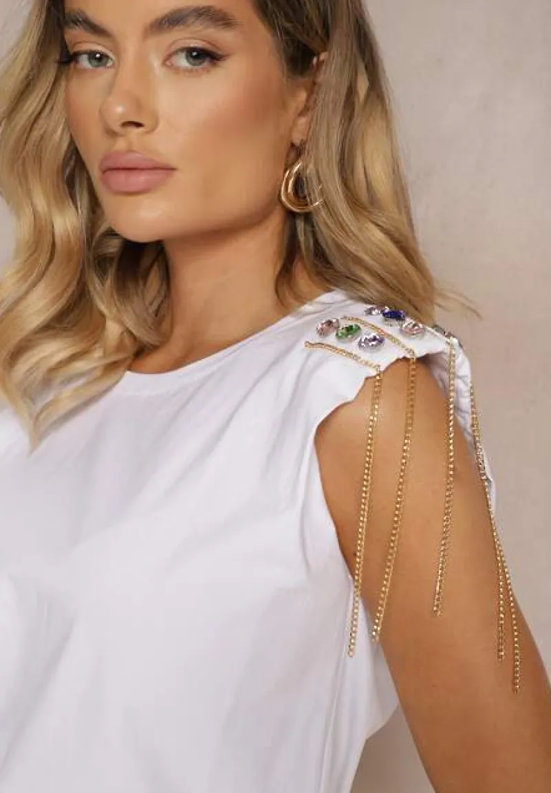 Biały Top z Łańcuszkami i Kryształkami na Usztywnionych Ramionach Liefara