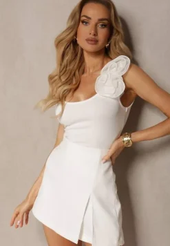 Biały Top z Bawełny bez Rękawów Ozdobiony Aplikacją Uannesa