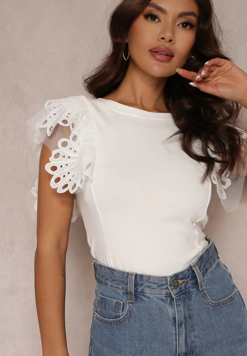 Biały Top z Bawełny z Ozdobną Koronką Adexis
