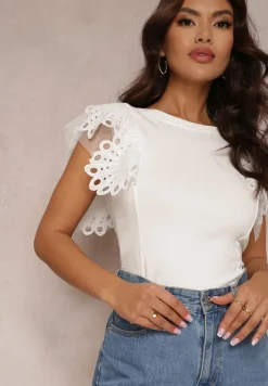 Biały Top z Bawełny z Ozdobną Koronką Adexis