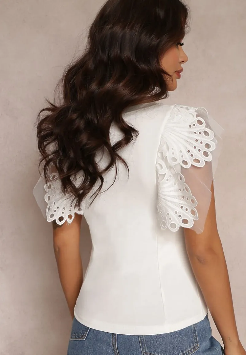 Biały Top z Bawełny z Ozdobną Koronką Adexis