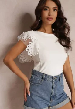 Biały Top z Bawełny z Ozdobną Koronką Adexis