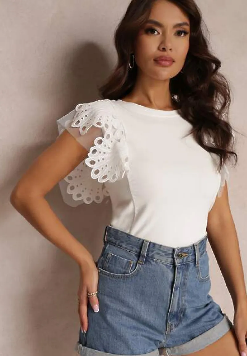 Biały Top z Bawełny z Ozdobną Koronką Adexis