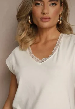 Biały T-shirt z Bawełny Ozdobiona Koronką Ralienne