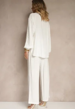 Biały Wiskozowo-Lniany Komplet z Koszulą i Luźnymi Spodniami Hanorwen
