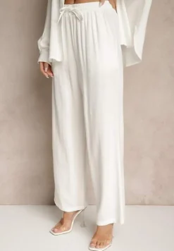 Biały Wiskozowo-Lniany Komplet z Koszulą i Luźnymi Spodniami Hanorwen