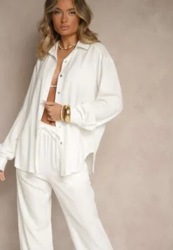 Biały Wiskozowo-Lniany Komplet z Koszulą i Luźnymi Spodniami Hanorwen