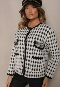 Biały Wiskozowy Kardigan Ozdobiony Wzorem w Pepitkę i Guzikami Saveri