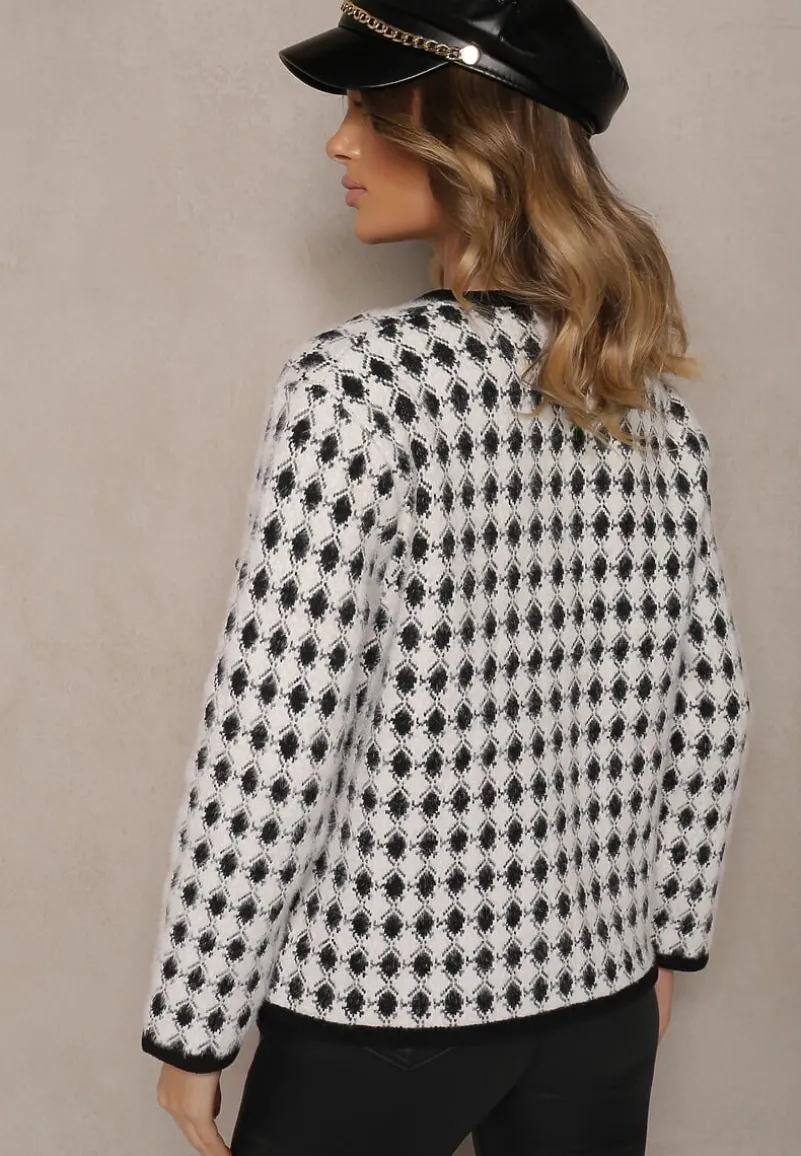 Biały Wiskozowy Kardigan Ozdobiony Wzorem w Pepitkę i Guzikami Saveri