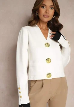 Biały Wiskozowy Kardigan z Dużymi Ozdobnymi Guzikami Benavira