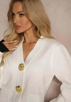 Biały Wiskozowy Kardigan z Dużymi Ozdobnymi Guzikami Benavira