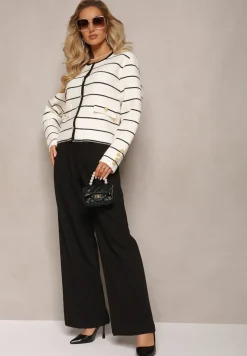 Biały Wiskozowy Kardigan z Ozdobnymi Guzikami i Printem w Paski Biesame