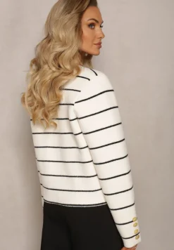 Biały Wiskozowy Kardigan z Ozdobnymi Guzikami i Printem w Paski Biesame