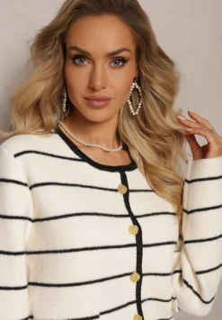 Biały Wiskozowy Kardigan z Ozdobnymi Guzikami i Printem w Paski Biesame