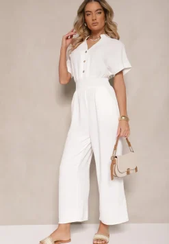 Biały Wiskozowy Kombinezon z Dekoltem w Serek Zapinany na Guziki Anisora