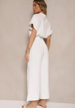 Biały Wiskozowy Kombinezon z Dekoltem w Serek Zapinany na Guziki Anisora