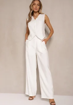 Biały Wiskozowy Komplet o Garniturowym Kroju Kamizelka i Spodnie Soreya