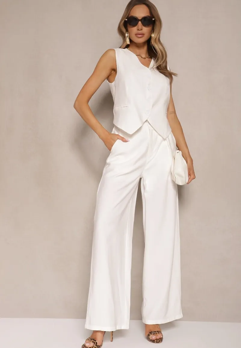 Biały Wiskozowy Komplet o Garniturowym Kroju Kamizelka i Spodnie Soreya