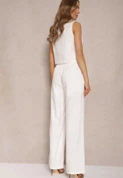 Biały Wiskozowy Komplet o Garniturowym Kroju Kamizelka i Spodnie Soreya