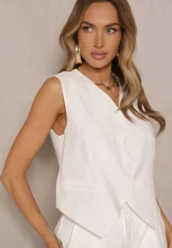 Biały Wiskozowy Komplet o Garniturowym Kroju Kamizelka i Spodnie Soreya