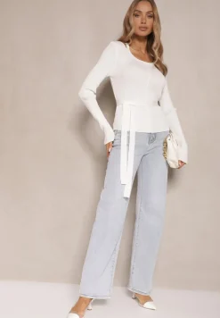 Biały Wiskozowy Sweter Wiązany w Talii z Asymetrycznym Dekoltem Kornelita
