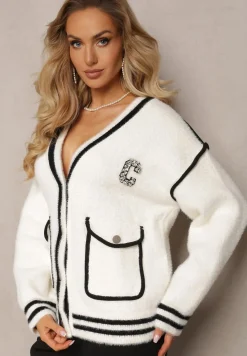 Biały Zapinany Kardigan z Wiskozy z Naszywką w Cyrkonie Eldarin