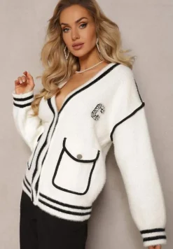 Biały Zapinany Kardigan z Wiskozy z Naszywką w Cyrkonie Eldarin