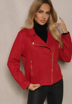 Bordowa Asymetryczna Kurtka Ramoneska z Imitacji Zamszu Kmiya
