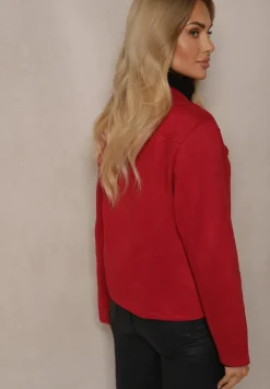 Bordowa Asymetryczna Kurtka Ramoneska z Imitacji Zamszu Kmiya