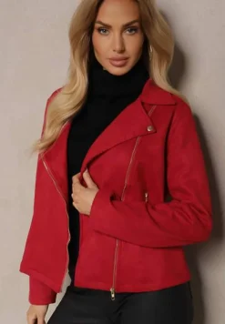 Bordowa Asymetryczna Kurtka Ramoneska z Imitacji Zamszu Kmiya