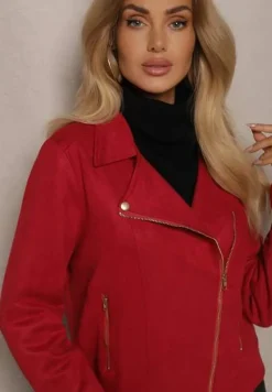 Bordowa Asymetryczna Kurtka Ramoneska z Imitacji Zamszu Kmiya