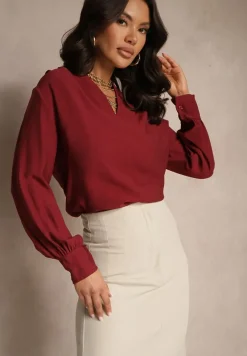 Bordowa Bluzka z Bufiastymi Rękawami i Trójkątnym Dekoltem Hilko