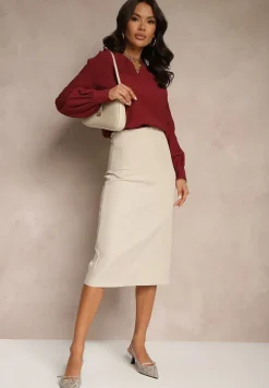 Bordowa Bluzka z Bufiastymi Rękawami i Trójkątnym Dekoltem Hilko