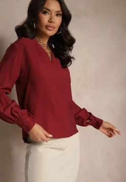 Bordowa Bluzka z Bufiastymi Rękawami i Trójkątnym Dekoltem Hilko