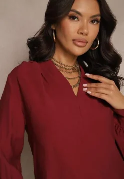 Bordowa Bluzka z Bufiastymi Rękawami i Trójkątnym Dekoltem Hilko