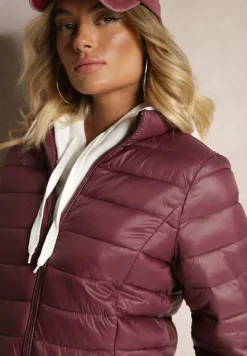 Bordowa Casualowa Kurtka Ozdobiona Pikowaniem Nelionea