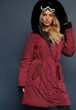 Bordowa Długa Kurtka Płaszcz o Dwustronnym Fasonie z Kapturem Astrae